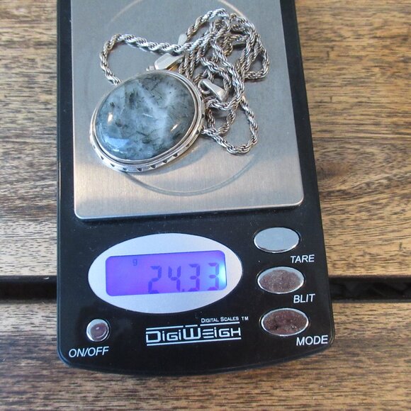 Sterling Silver Chain & Sterling and Gray Natural Stone Large Pendant Necklace - Picture 7 of 15